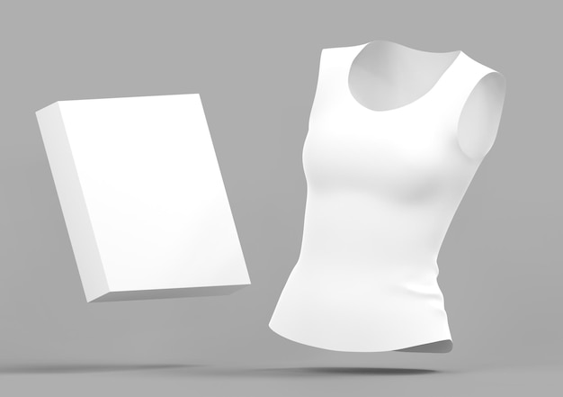 Camiseta de mujer blanca 3D y vista de ángulo de maqueta de caja de cartón Camiseta sin mangas de lujo con ropa deportiva redonda para gimnasio o ropa casual de yoga con embalaje de papel para entrega 3d render