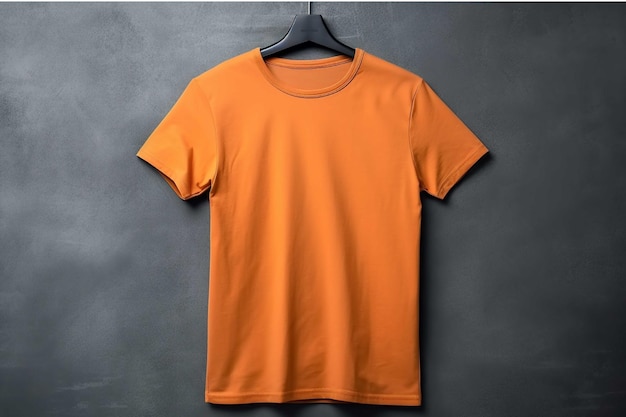 Camiseta naranja colgada en la pared gris Maqueta para el diseño