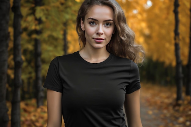 Una camiseta negra en blanco usada por una modelo femenina estilo casual es otoño afuera