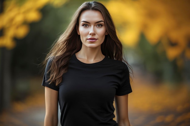 Una camiseta negra en blanco usada por una modelo femenina estilo casual es otoño afuera
