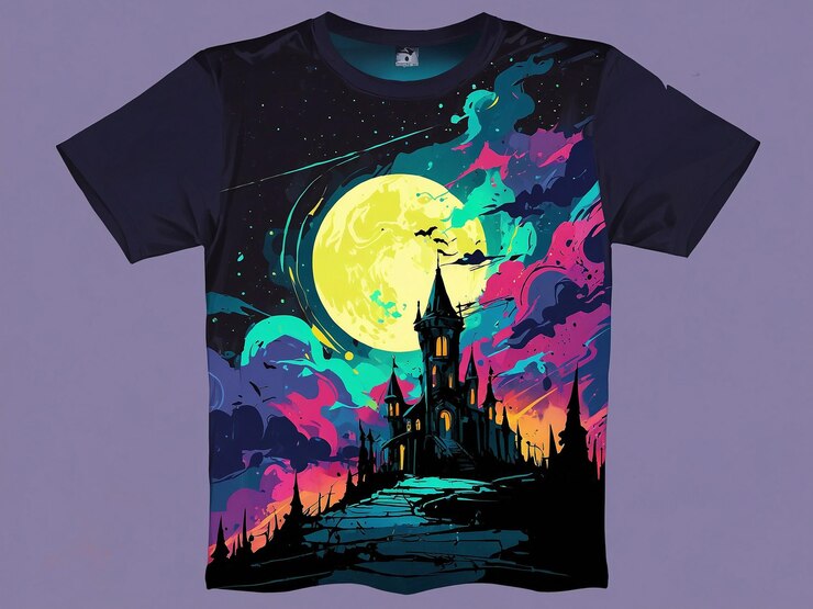 una camiseta negra con un castillo en la parte delantera y un cielo azul con un castello en la parte superior