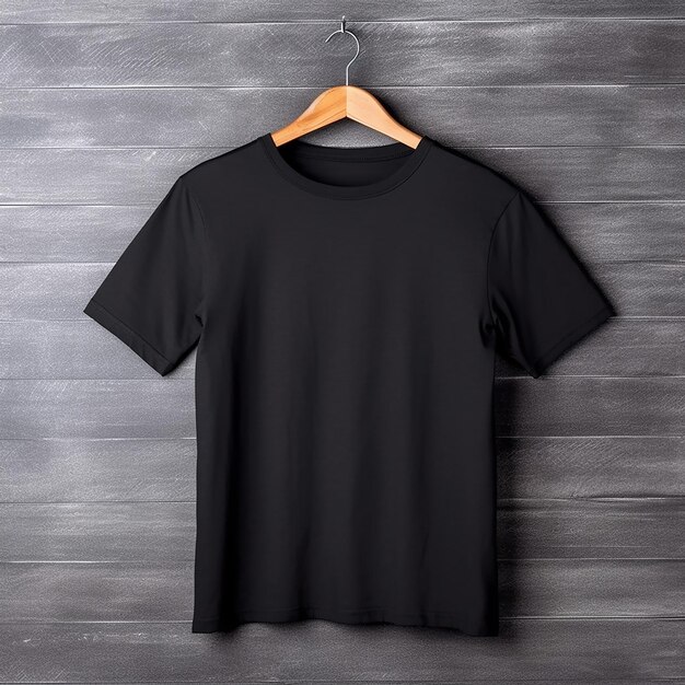 Camiseta negra colgada en una percha de madera