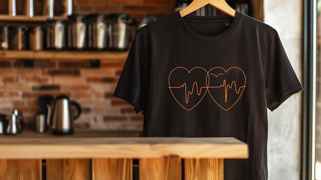 Una camiseta negra con un diseño de EKG en forma de corazón naranja La camiseta está colgada en una percha de madera frente a una pared de ladrillo