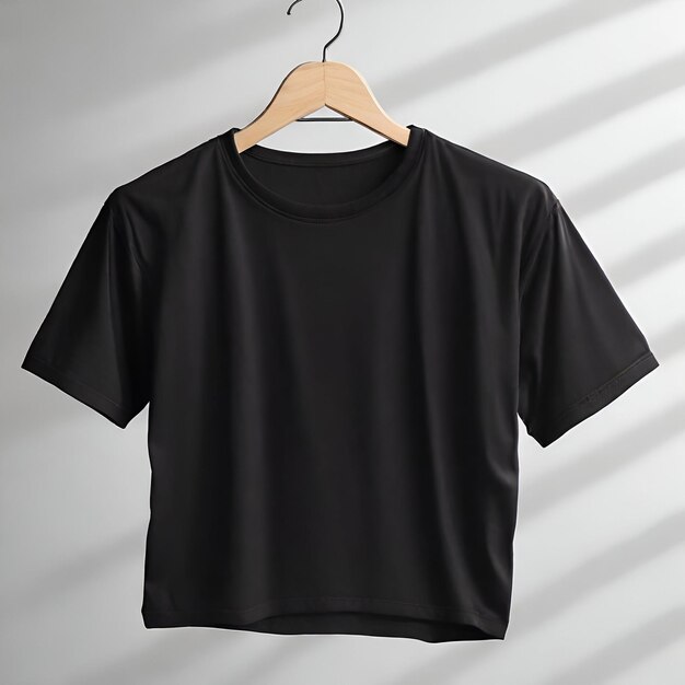 Camiseta negra de elegancia minimalista en una maqueta de colgante