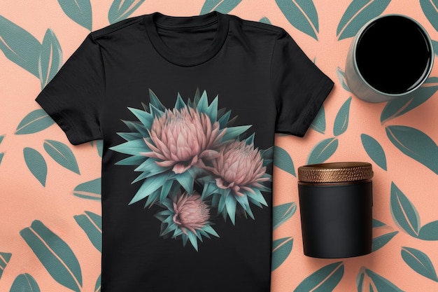 Foto una camiseta negra con flores rosas al lado de una taza de café.