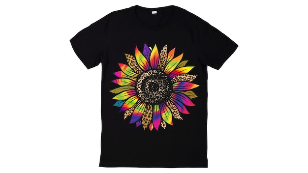 una camiseta negra con un girasol colorido en el frente