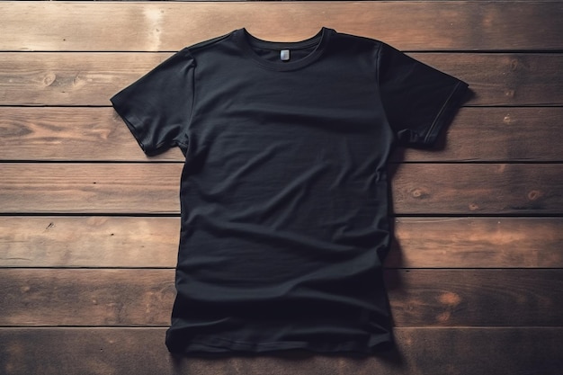 Camiseta negra de gran tamaño en blanco sobre una superficie de madera Template Mockup Generative aixA