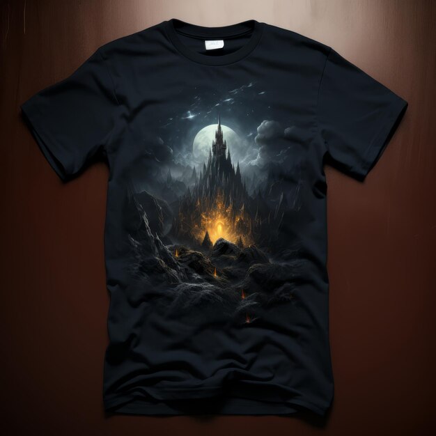 una camiseta negra con una imagen de un fuego en ella