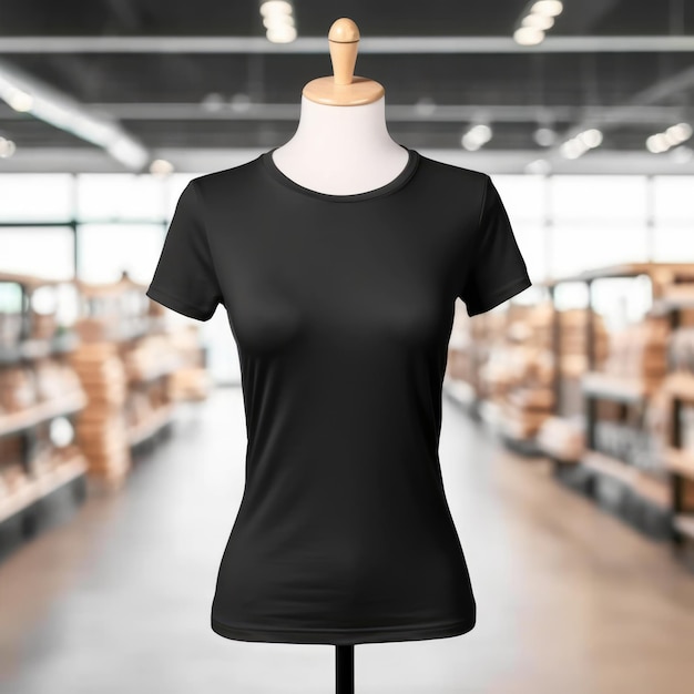 Camiseta negra lisa en maniquí femenino Mockup para diseño