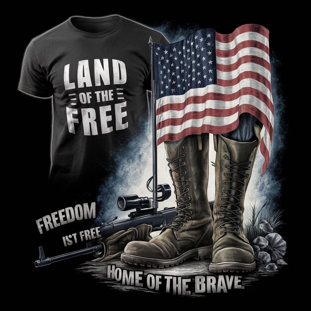Foto camiseta negra patriótica con el diseño de la tierra de la libertad, bandera estadounidense e ilustración de botas militares