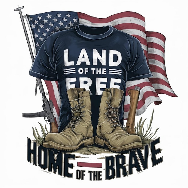 Camiseta negra patriótica con el diseño de la Tierra de la Libertad, bandera estadounidense e ilustración de botas militares