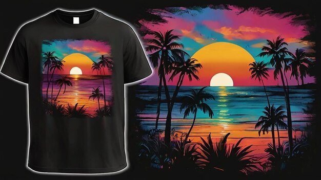 una camiseta negra con una puesta de sol en el frente