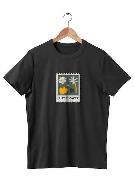 Camiseta png negra de moda simple con diseño transparente de flores impresas con fondo transparente