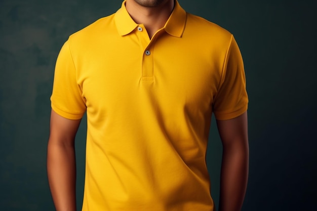 Camiseta polo amarela em branco no corpo humano para gráfico