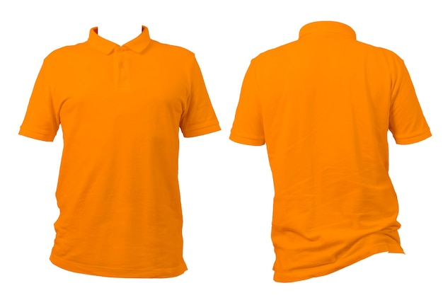 Camiseta polo naranja vista delantera y trasera aislada en fondo blanco para maqueta de diseño de ropa