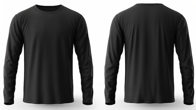 Camiseta preta de manga comprida vista frontal e traseira isolada em fundo branco Generative AI