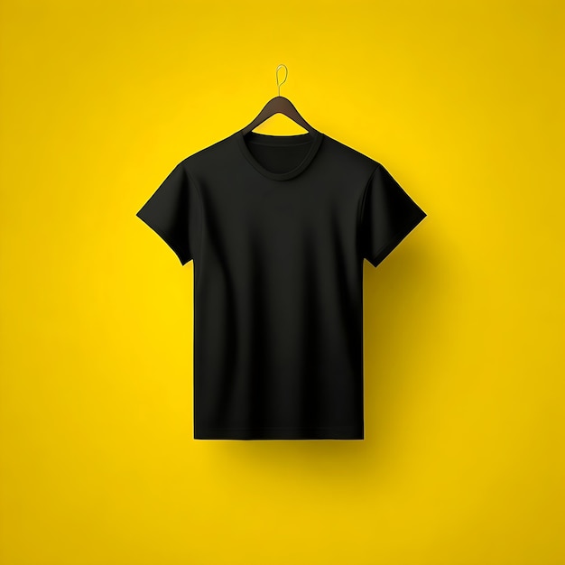 Camiseta preta em branco contra um fundo amarelo camiseta camiseta