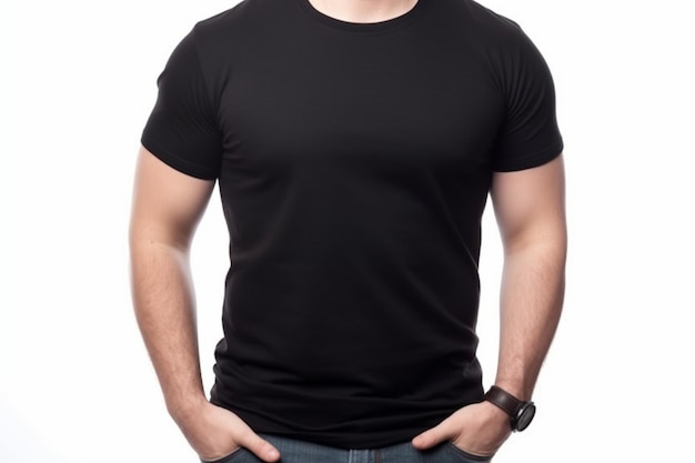 Camiseta preta em branco no modelo de jovem em fundo branco