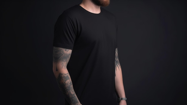 Camiseta preta realista de IA generativa simulada em branco colocada no espaço de cópia do jovem para apresentação