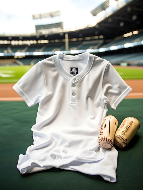 Foto camiseta raglan en un estadio de béisbol con bate de béisbal y tee de sesión de fotos blanco limpio y brillante