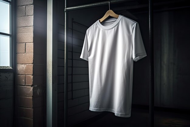 Camiseta sem texto pendurada dentro de um loft