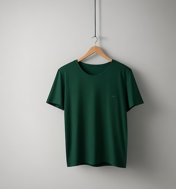 Camiseta verde en blanco en colgante de madera Con fondo blanco