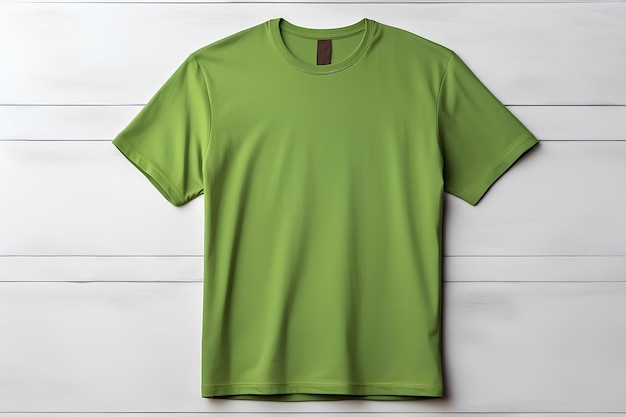 La camiseta verde sobre un suelo de madera.