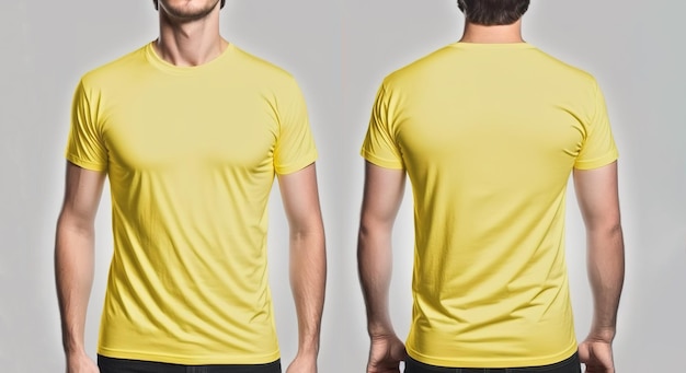Camisetas amarelas masculinas realistas com espaço para cópia frontal e traseira