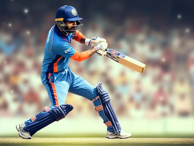 Camisetas azules del jugador de críquet de la India con fondo de estadio