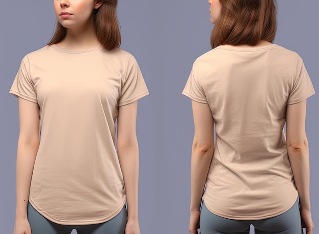 Camisetas beige femeninas realistas fotográficas con espacio de copia vista frontal y posterior