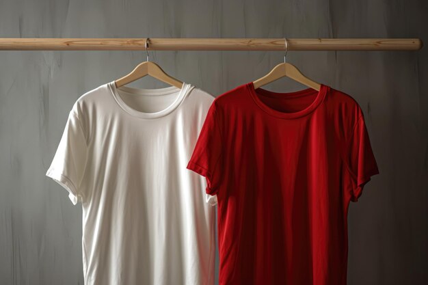 Camisetas blancas y rojas en la pared gris