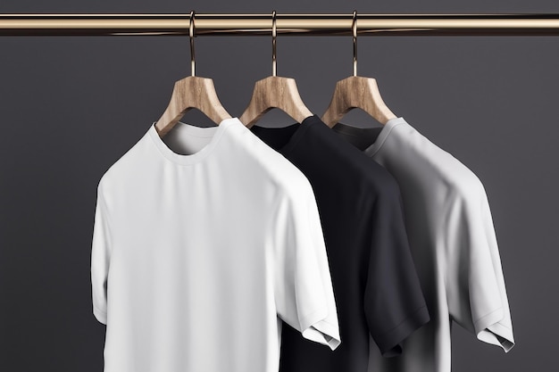 Camisetas brancas e pretas cinza em branco no cabide Fundo da parede de concreto Loja de design e conceito de estilo Simular renderização em 3D
