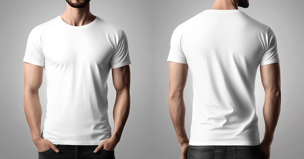 Camisetas brancas masculinas realistas de fotos com espaço para cópia frontal e traseira