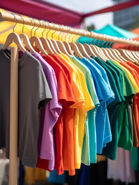 camisetas de colores múltiples cuelgan en perchas en el mostrador de una tienda comercial en una feria