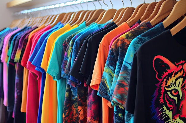 Camisetas coloridas en las perchas de una tienda
