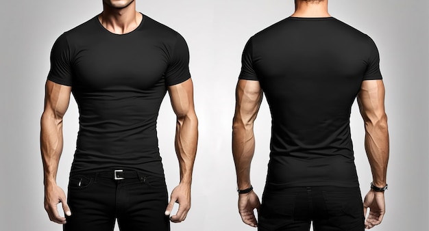 Camisetas pretas masculinas realistas de fotos com espaço para cópia frontal e traseira