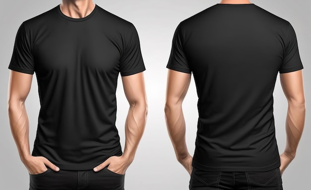 Camisetas pretas masculinas realistas de fotos com espaço para cópia frontal e traseira