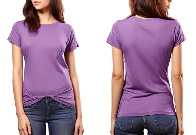 Camisetas púrpuras femeninas realistas fotográficas con espacio de copia vista frontal y posterior