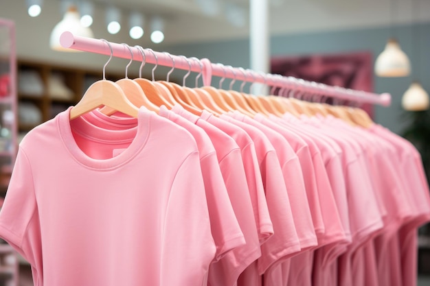 Las camisetas rosas cuelgan de una percha en la tienda