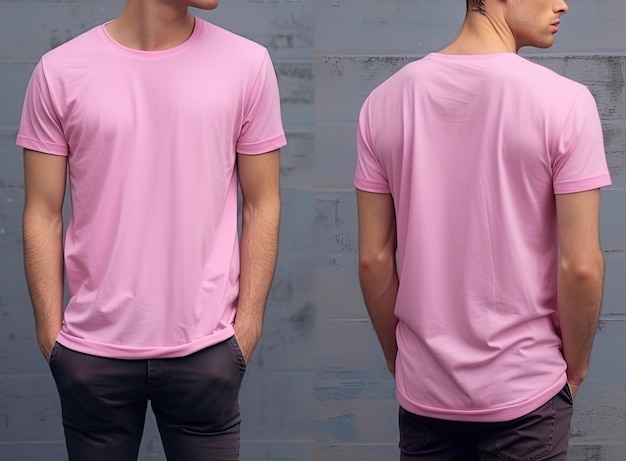 Camisetas rosas masculinas realistas fotográficas con espacio de copia vista frontal y posterior