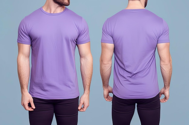 Camisetas roxas masculinas realistas de fotos com espaço para cópia frontal e traseira