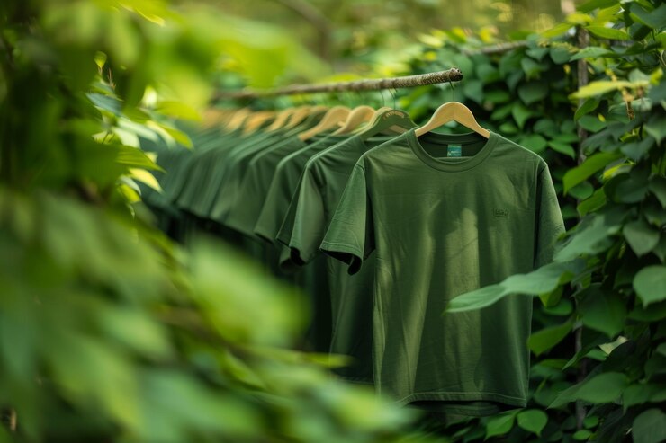 Camisetas verdes colgadas en un estante en un exuberante entorno al aire libre que hacen hincapié en la moda ecológica y sostenible