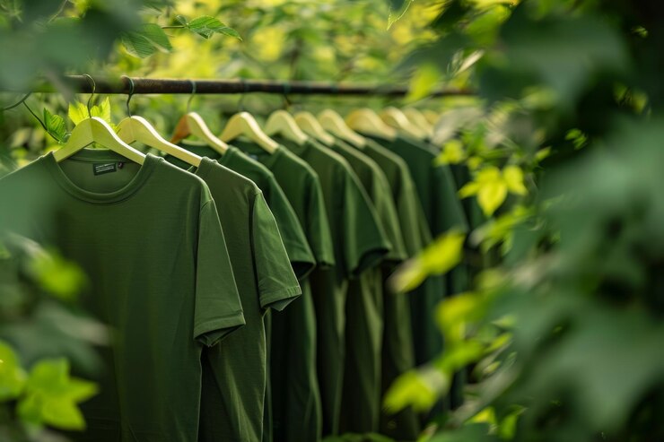 Camisetas verdes colgadas en un estante en un exuberante entorno al aire libre que hacen hincapié en la moda ecológica y sostenible