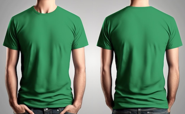 Camisetas verdes masculinas realistas de fotos com espaço para cópia frontal e traseira