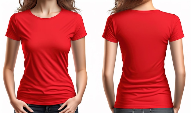 Camisetas vermelhas de mulher realista de foto com espaço de cópia vista frontal e traseira