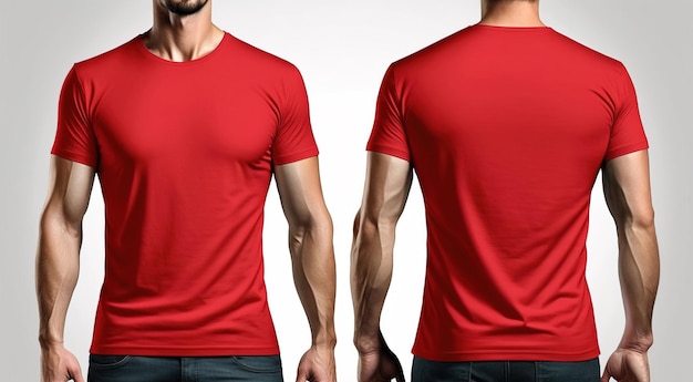 Camisetas vermelhas masculinas realistas de fotos com espaço para cópia frontal e traseira
