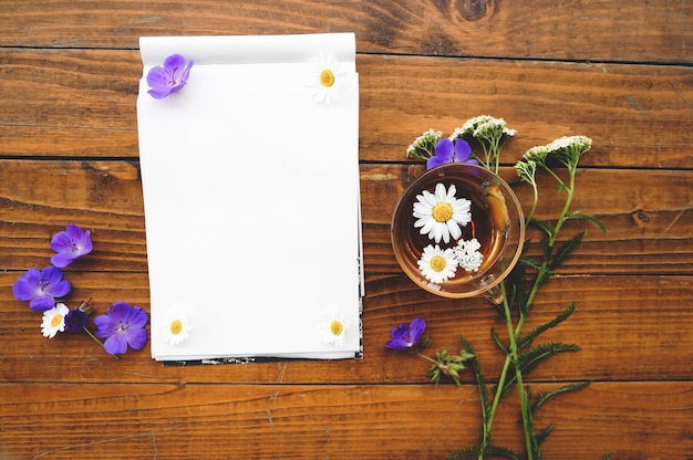 Camomila e yarrow da medicina tradicional em uma mesa de madeira com um caderno branco