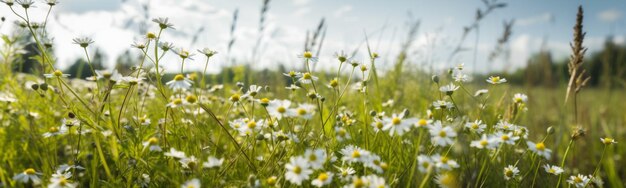 Camomilas brancas em um campo de verão ou primavera e banner do céu Generative AI