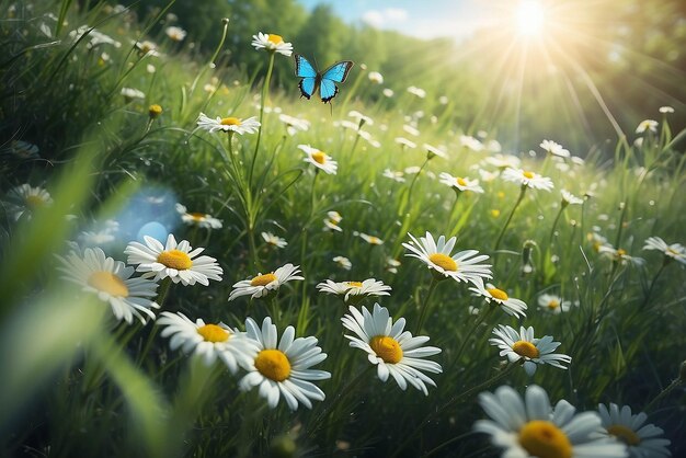Camomilas margaridas macro no verão campo de primavera em fundo céu azul com sol e uma borboleta voadora natureza vista panorâmica paisagem natural de verão com espaço de cópia