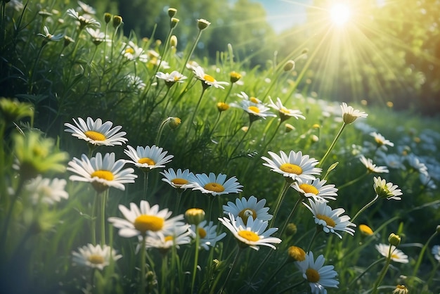 Camomilas margaridas macro no verão campo de primavera em fundo céu azul com sol e uma borboleta voadora natureza vista panorâmica paisagem natural de verão com espaço de cópia